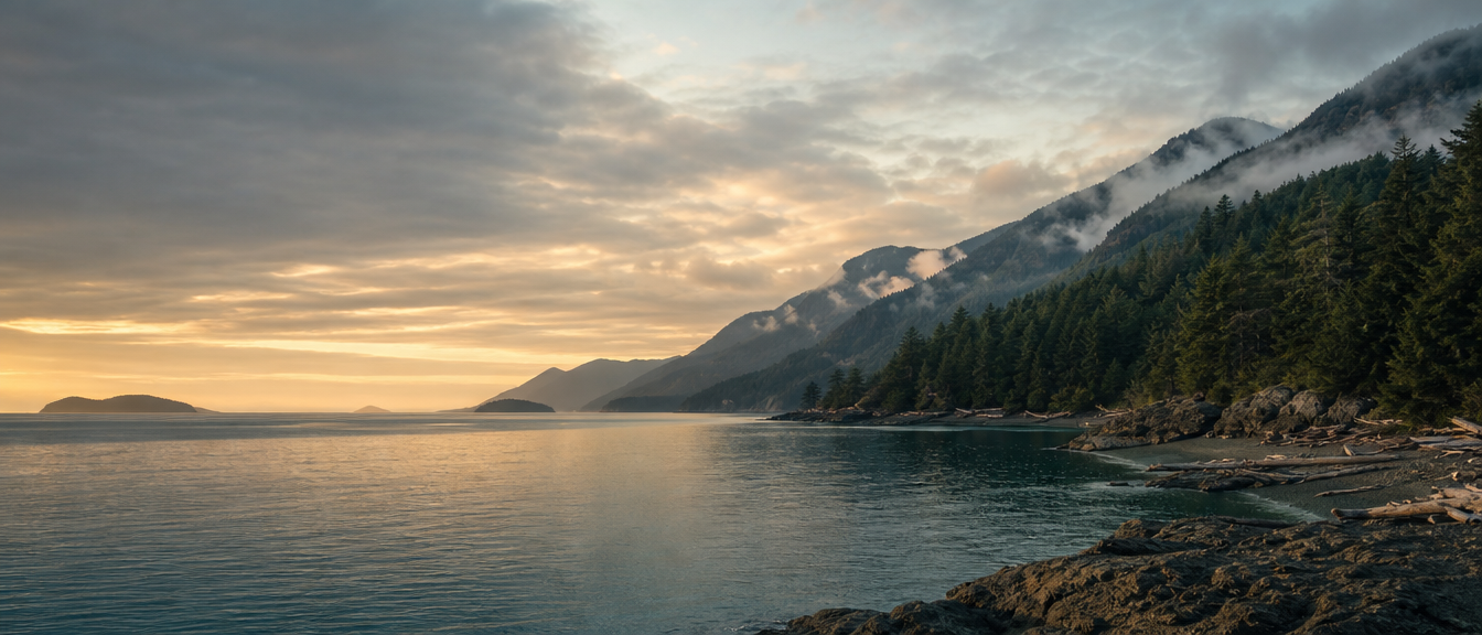 Coastal British Columbia inlet at dusk with forested mountains and calm water