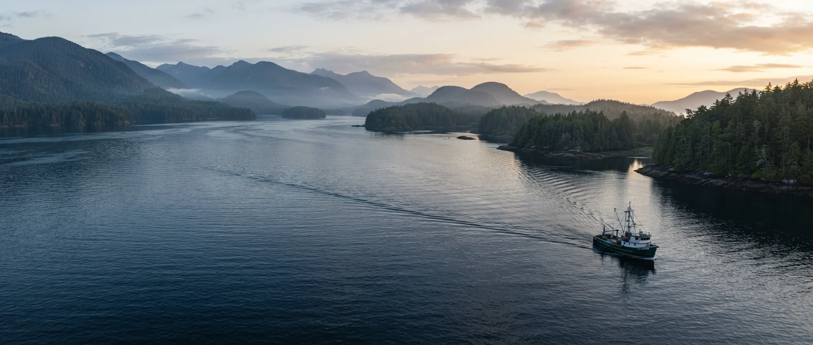 Working boat crossing a coastal inlet surrounded by forest and mountains